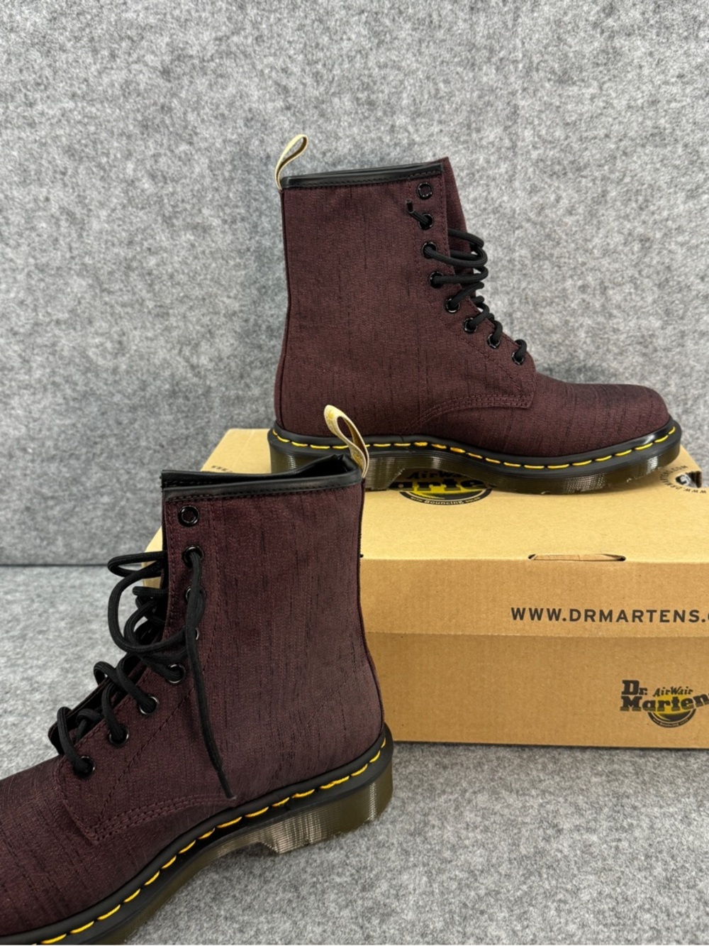 Dr. Martens Burgundy Canvas 8-Eye Lace-Up Boots with Yellow Stitching Brand New